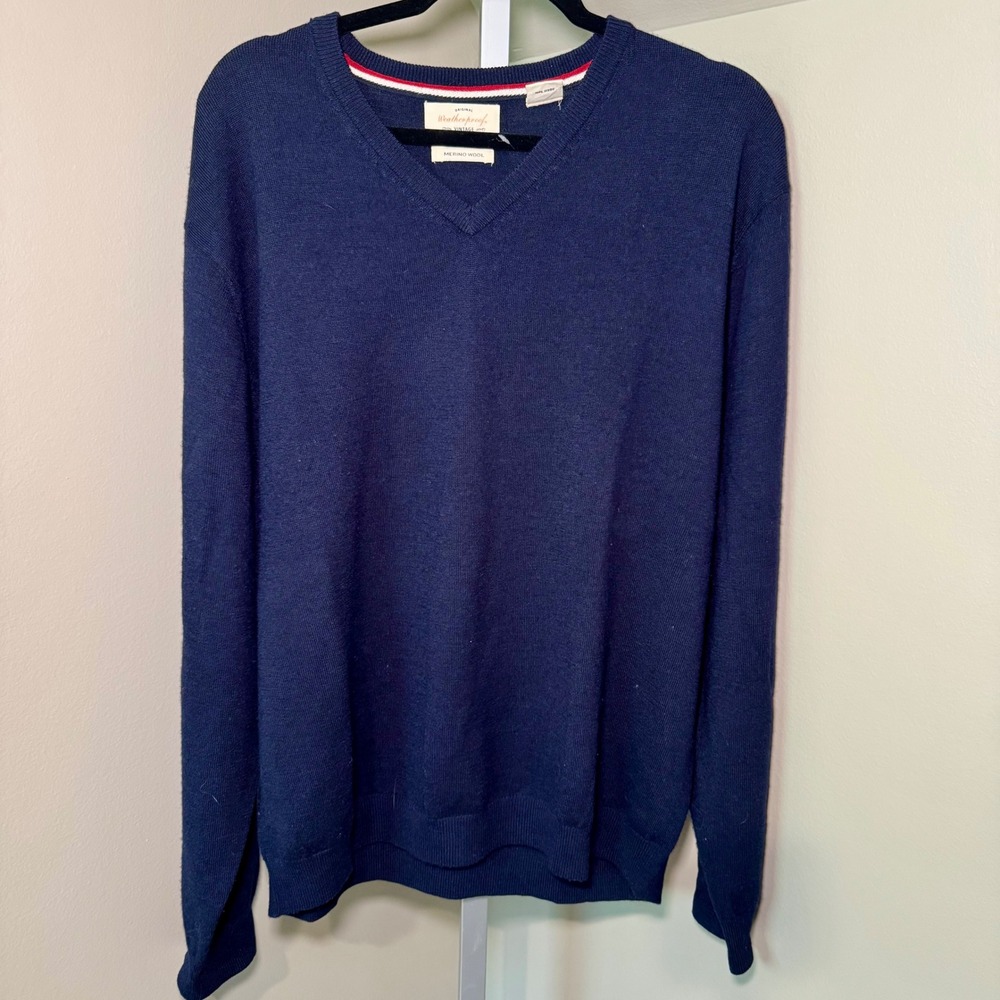 Weatherproof Vintage‎ Mens XL Navy Blue 100% Merino Wool V-Neck Pullover Sweater